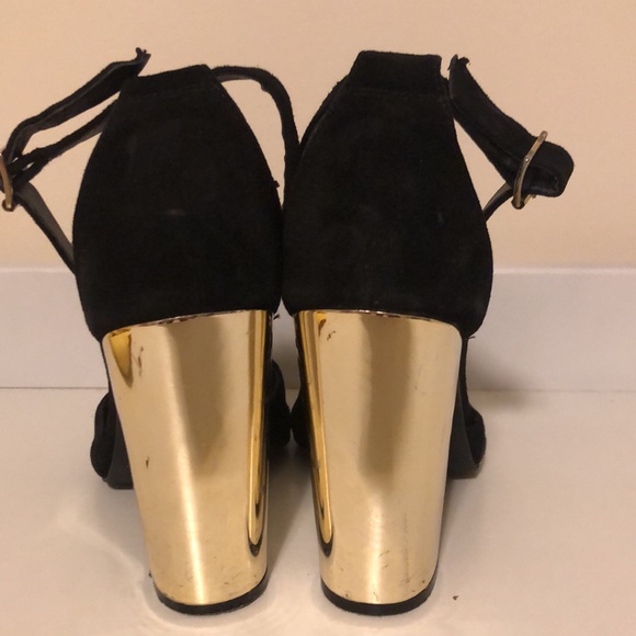 Black Suede open toe heels with chunky gold platform heel - Picture 3 of 5